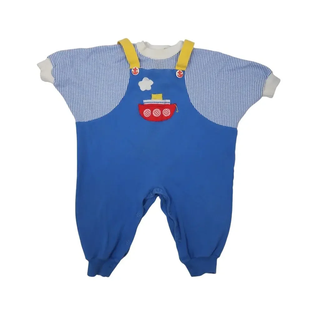 Vintage 90s Le Top Blue Sailboat One Piece Jumpsuit Baby Toddler Boy 24 Months
